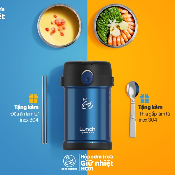 Bộ Hộp Cơm Giữ Nhiệt 2GOOD Lunch Box HC01 (2000ml) - Kèm Muỗng Và Đũa Inox 304