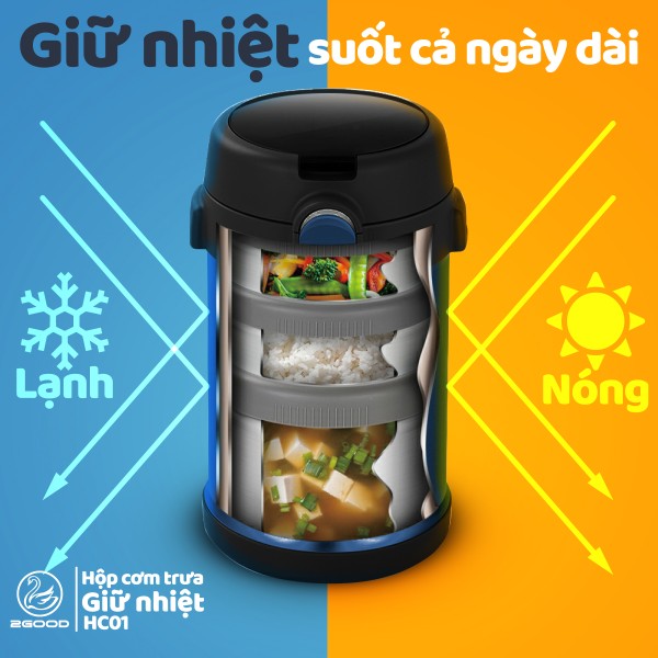 Bộ Hộp Cơm Giữ Nhiệt 2GOOD Lunch Box HC01 (2000ml) - Kèm Muỗng Và Đũa Inox 304