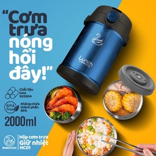 Bộ Hộp Cơm Giữ Nhiệt 2GOOD Lunch Box HC01 (2000ml) - Kèm Muỗng Và Đũa Inox 304