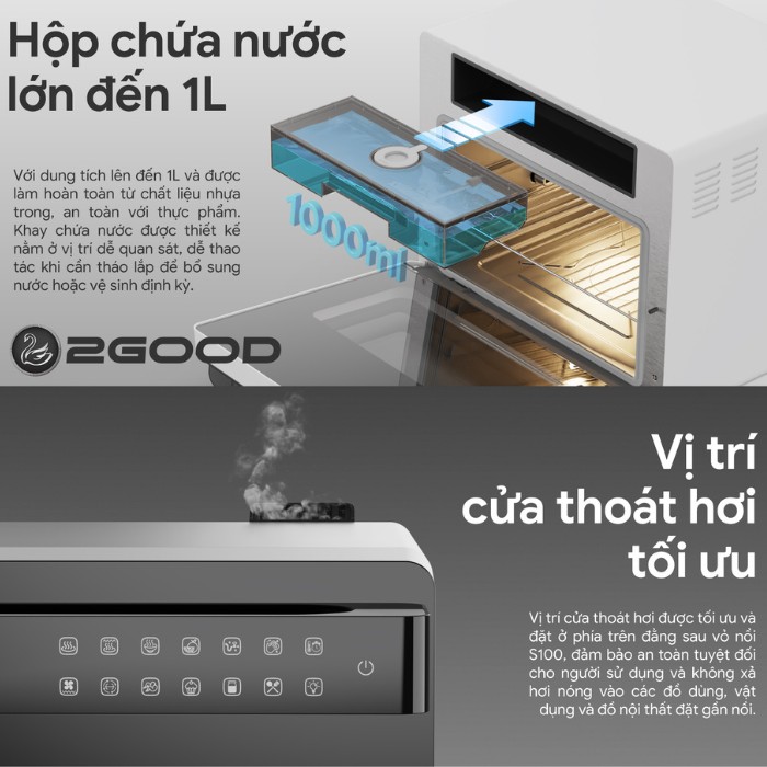hộp chứa nước nồi chiên hơi nước 2Good S100 và vị trí cửa thoát hơi của nồi