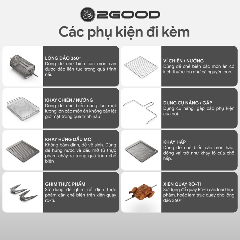 các phụ kiện đi kèm khi mua nồi chiên hơi nước 2GOOD S100