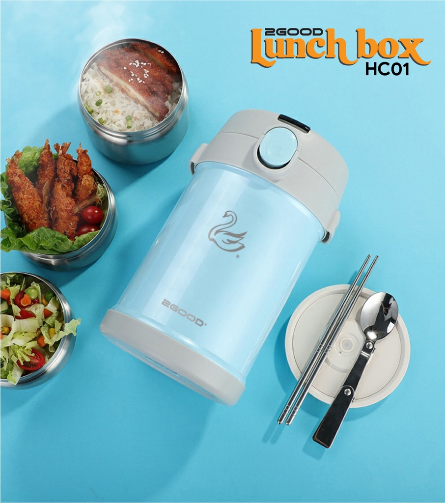 Bộ Hộp Cơm Giữ Nhiệt 2GOOD Lunch Box HC01 (2000ml) - Kèm Muỗng và Đũa Inox 304