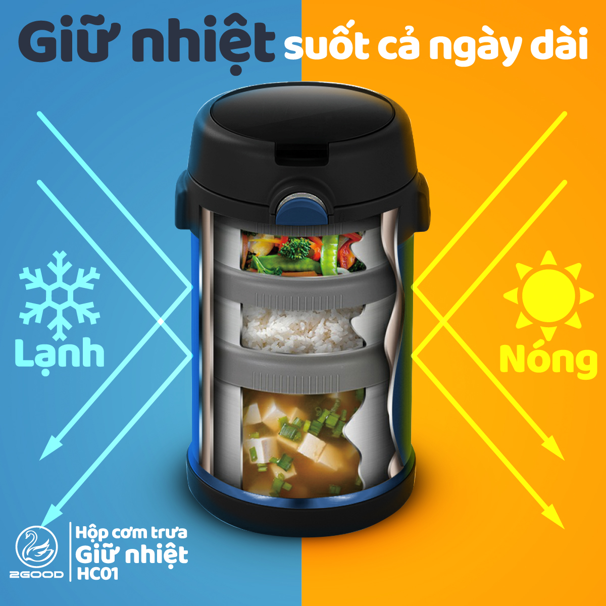 Bộ Hộp Cơm Giữ Nhiệt 2GOOD Lunch Box HC01 (2000ml) - Kèm Muỗng và Đũa Inox 304