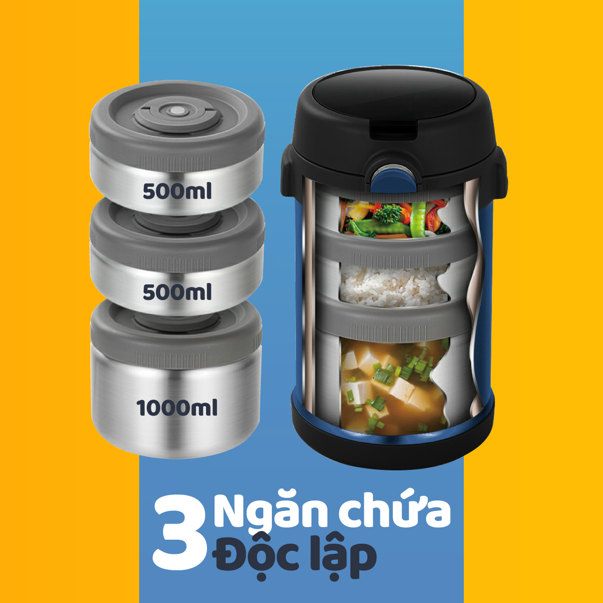 Bộ Hộp Cơm Giữ Nhiệt 2GOOD Lunch Box HC01 (2000ml) - Kèm Muỗng và Đũa Inox 304